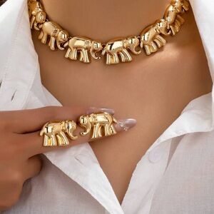 Gold Tone Elephant Necklace and Matching Earrings Set